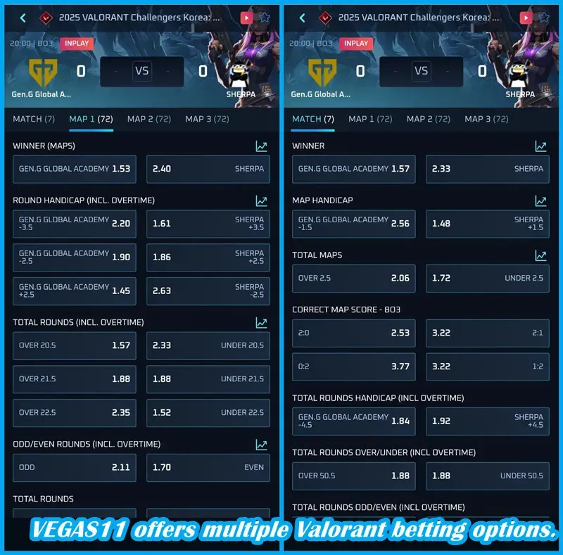 VEGAS11 offers multiple Valorant betting options.