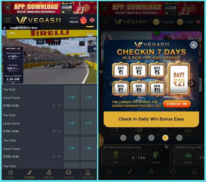 Live F1 streaming & rewards interface on Vegas11 app