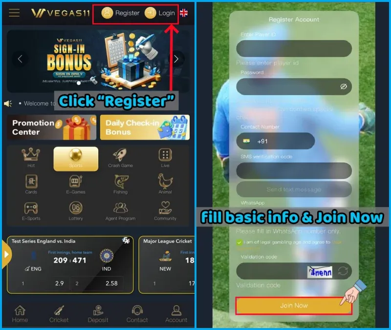 Register on Vegas11