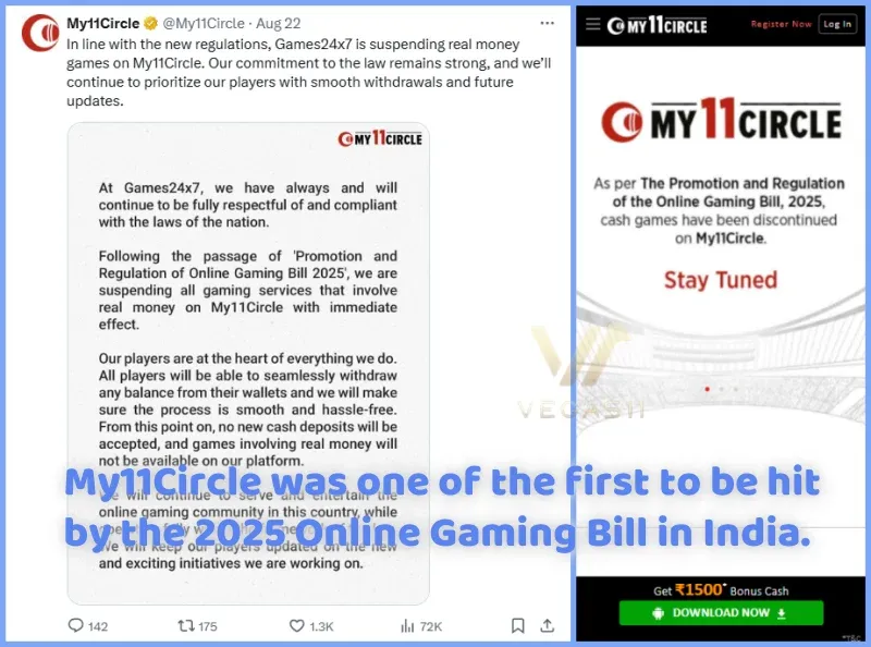 Official My11Circle announcement suspending cash games and deposits under 2025 Online Gaming Bill in India