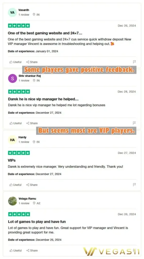 VIP players' feedback