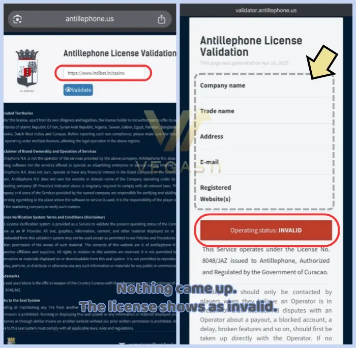 Screenshot from Antillephone’s validator — no Indibet listing found.