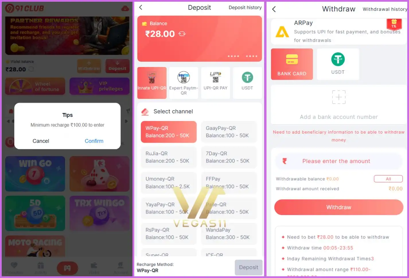 91 Club deposit & withdraw