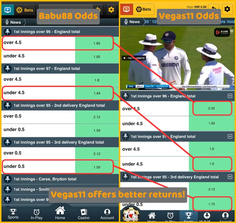 Babu88 vs Vegas11 cricket odds comparison showing higher betting returns on Vegas11