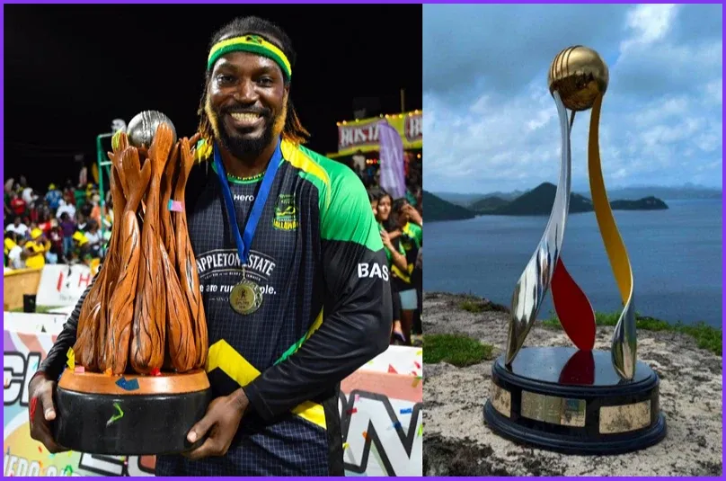 Chris Gayle holding the old wooden trophy and new sleek gold trophy side by side – CPL championship prize evolution.
