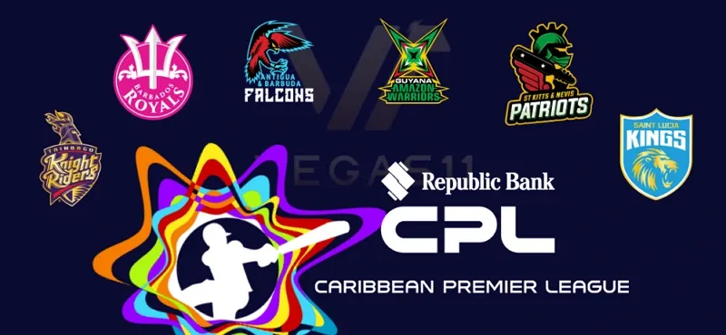 Caribbean Premier League 2025 six team logos – Barbados Royals, Guyana Amazon Warriors, Antigua & Barbuda Falcons, St Kitts & Nevis Patriots, Saint Lucia Kings, Trinbago Knight Riders.