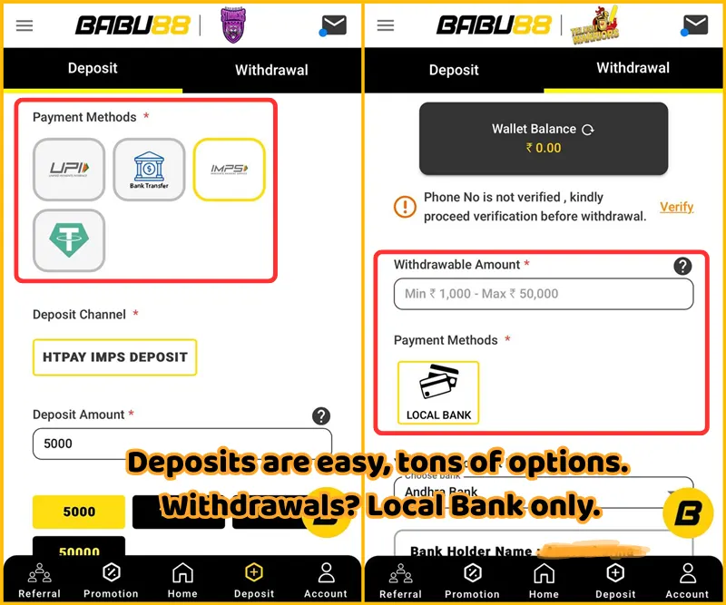 All deposit and withdrawal options available on Babu88 for India