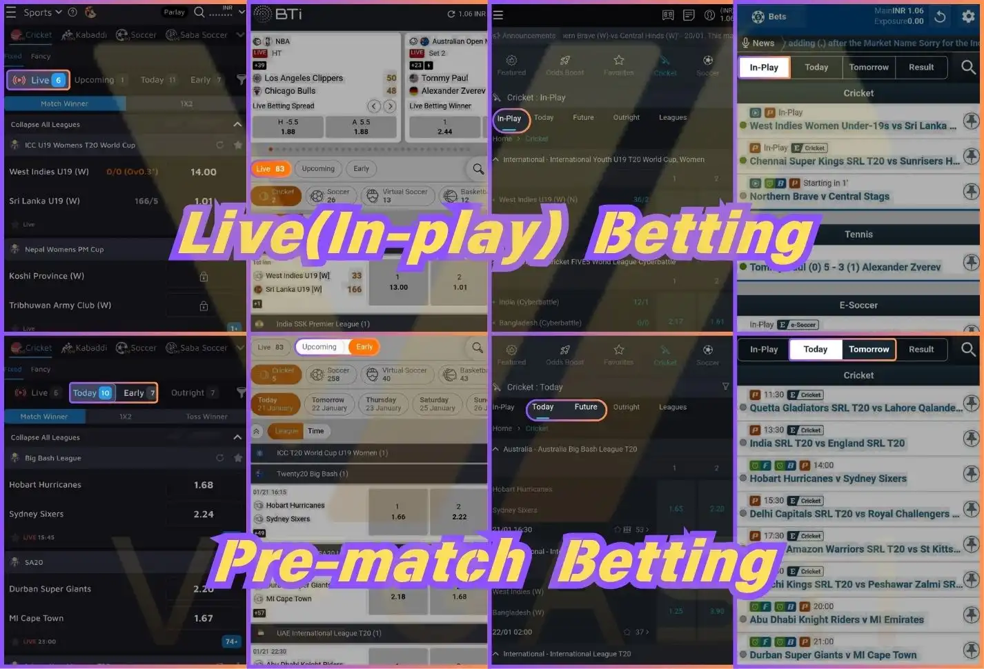 In-play & Pre-match betting displayed on different betting platforms