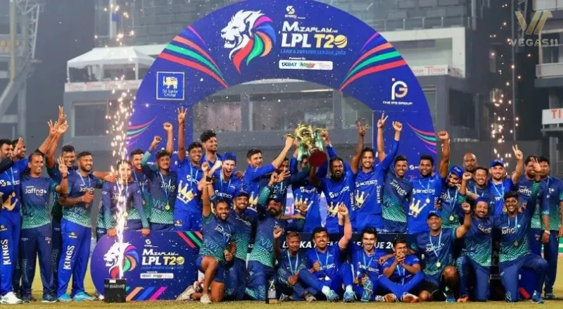 Jaffna Kings celebrating Lanka Premier League 2025 title victory with trophy