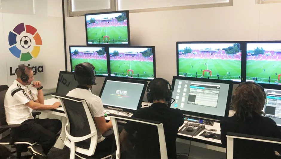 La Liga VAR control room with referees reviewing match footage