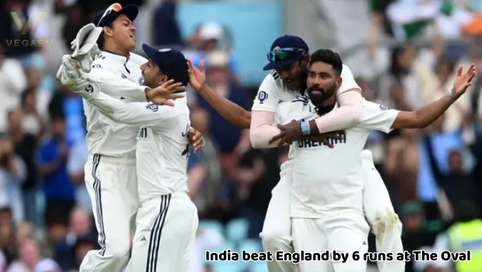 Indian cricket players celebrating their narrow 6-run win over England at The Oval cricket ground.