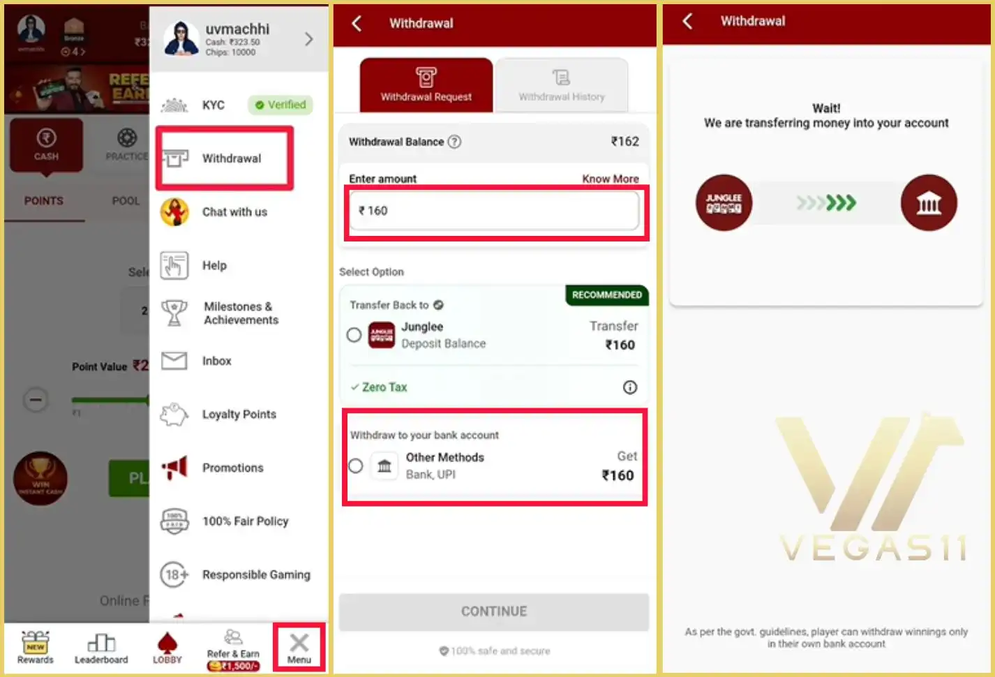 Junglee Rummy Withdrawal Steps