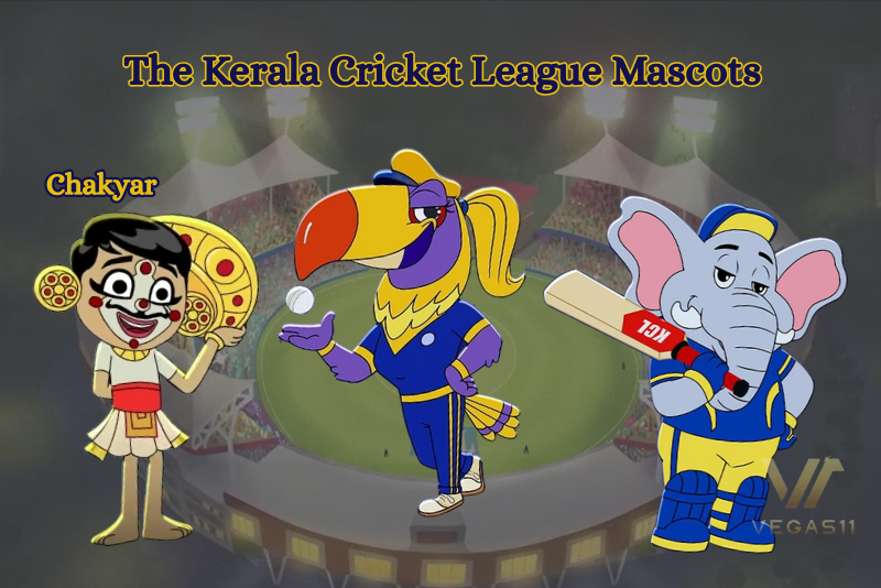 Three Kerala Cricket League mascots: Chakyar in traditional attire, a purple toucan in cricket kit, and a grey elephant in batting gear.