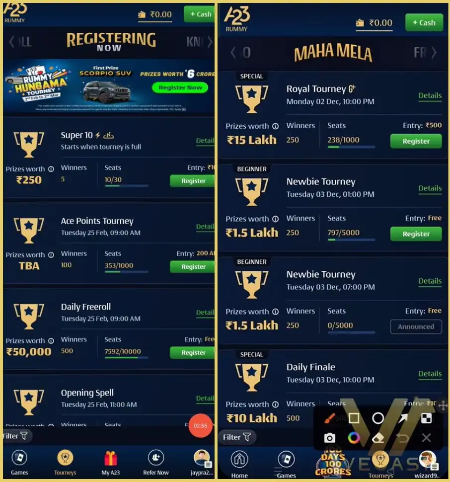 All Types of A23 Rummy Tournaments