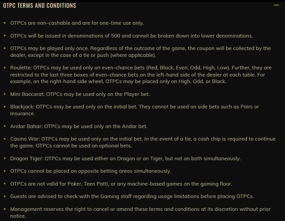 Deltin JAQK OTPC Chip Betting Rules