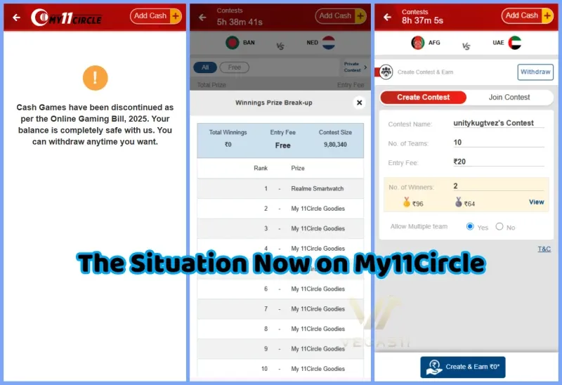 My11Circle app screenshots showing deposit blocked, only prize contests available, and withdrawals still open