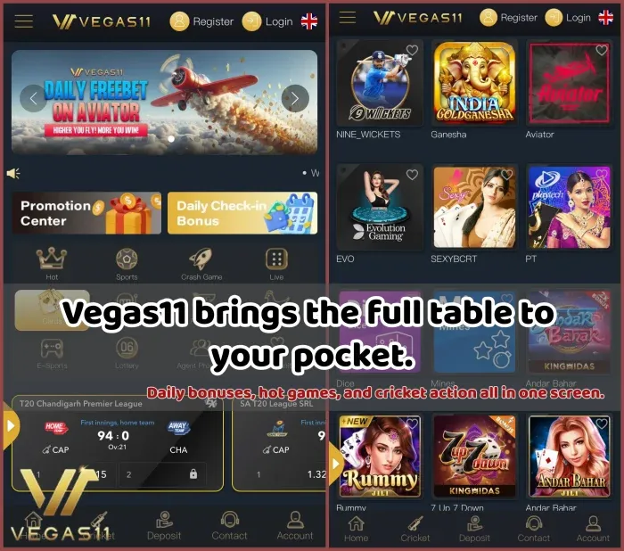 Vegas11 mobile platform homepage showing daily bonuses, Aviator, Rummy, Dice, Andar Bahar, and cricket betting options.