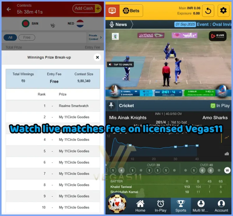 Vegas11 licensed platform offering free live streaming of cricket matches for players in India
