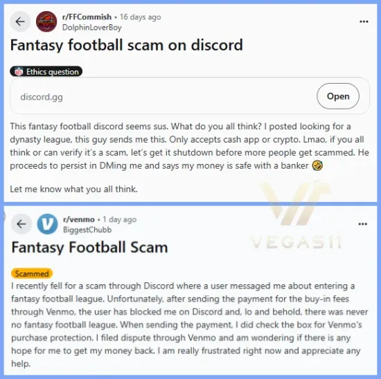 Reddit and Venmo posts showing fantasy football scam reports after My11Circle ban pushed players to underground groups