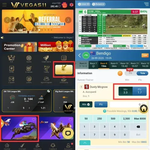 Horse race betting on Vegas11 App